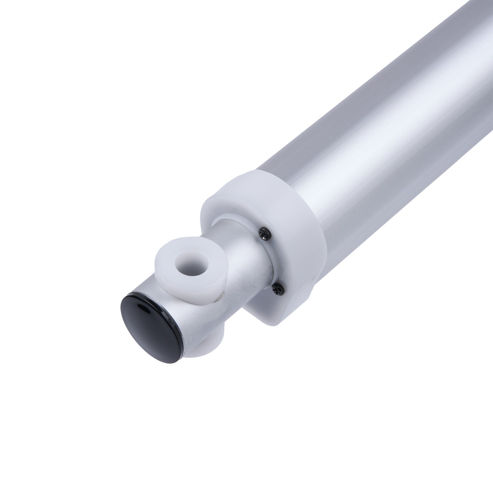 White cylindrical object with black end cap on a white background