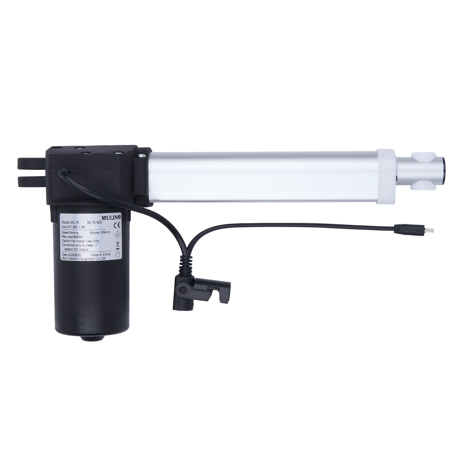 Mechanical actuator with black housing and white cylindrical component on a white background
