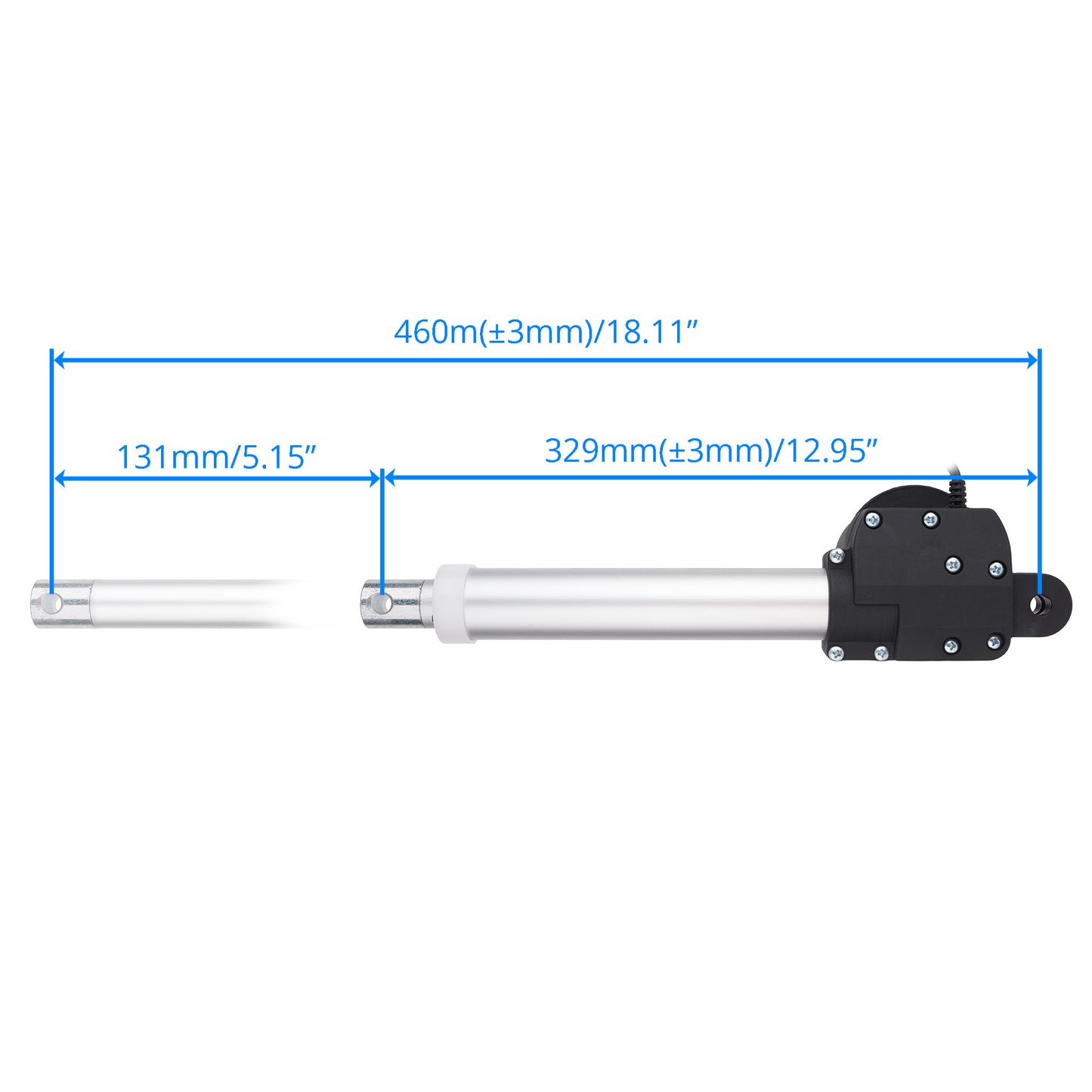 A linear actuator diagram with blue dimension lines showing total length 460mm, rod length 131mm, and motor housing length 329mm, on a white background.