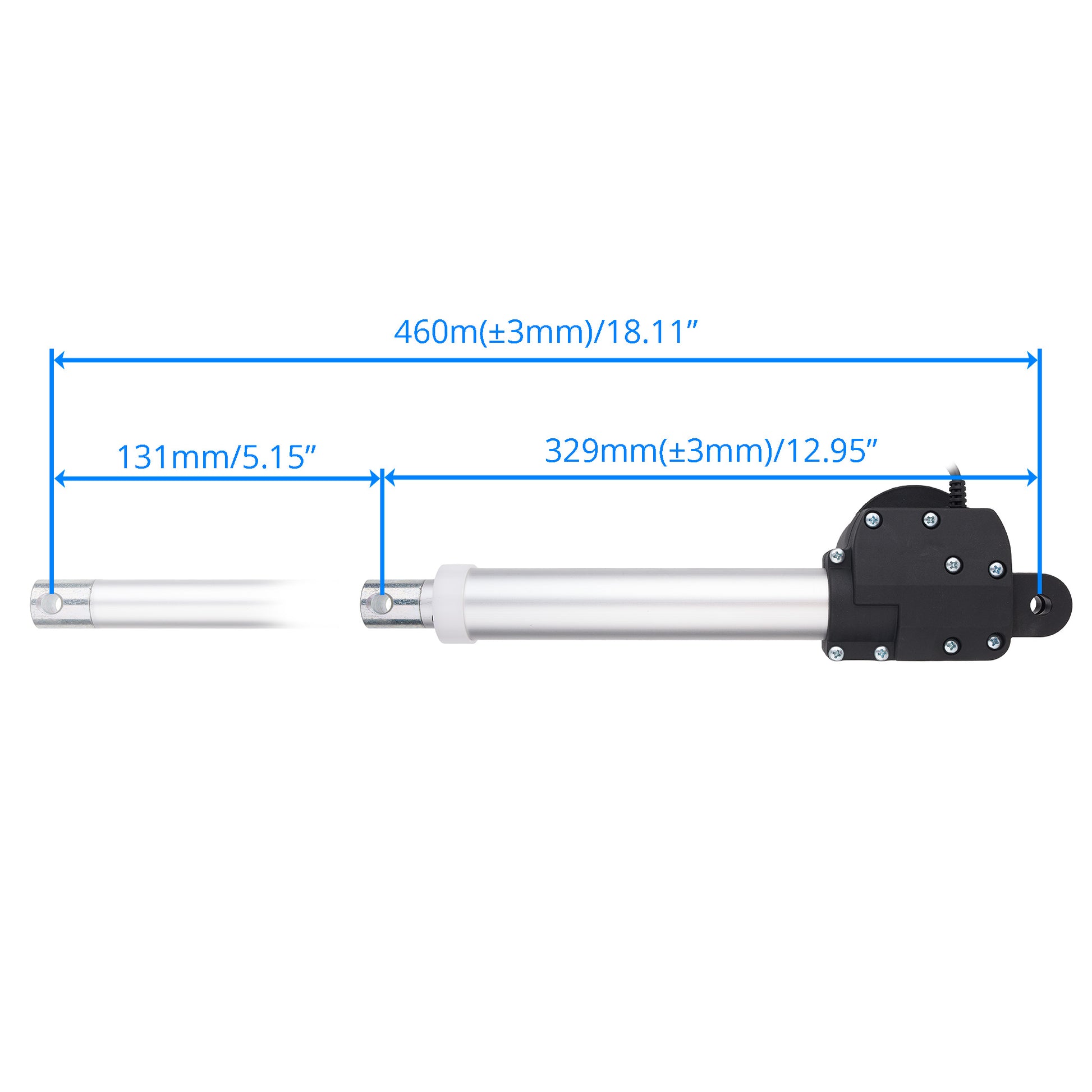 A linear actuator diagram with blue dimension lines showing total length 460mm, rod length 131mm, and motor housing length 329mm, on a white background.