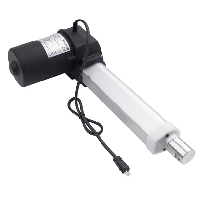 An electric door motor with a black motor housing, a long silver cylindrical rod, and a black power cord, shown on a plain white background.