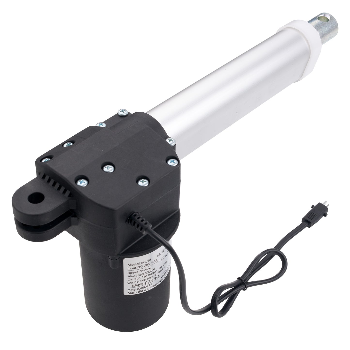 An electric linear motor slide with a black motor housing and a silver cylindrical rod, shown with its power cord on a white background.