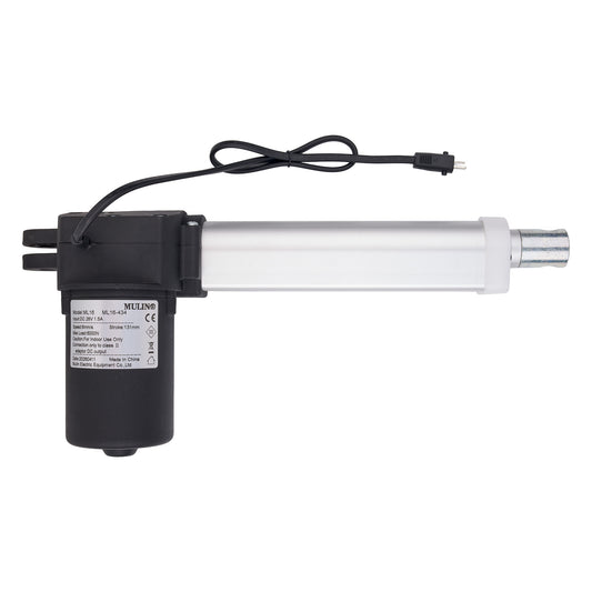 A Millio AC-24V DC gear motor with an integrated silver cylindrical rod and a black plastic housing, featuring a black power cord with a plug, shown against a plain white background.