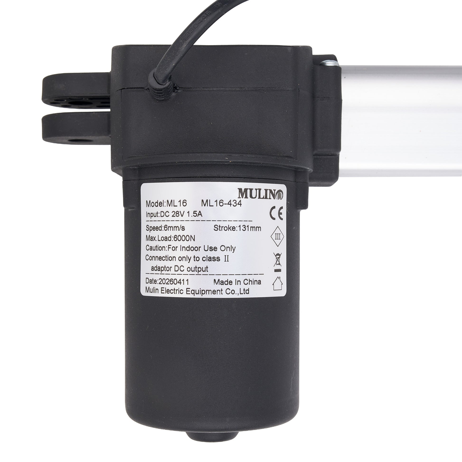 A black Mulino linear motor on a white background, showing the side profile with a black cable and a silver metal rod extending to the right. The product features a white label with specifications and safety markings.