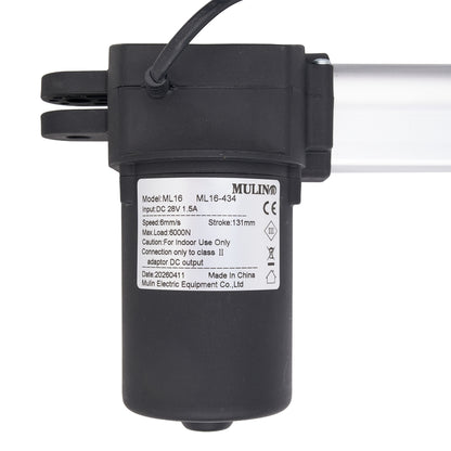 A black Mulino linear motor on a white background, showing the side profile with a black cable and a silver metal rod extending to the right. The product features a white label with specifications and safety markings.