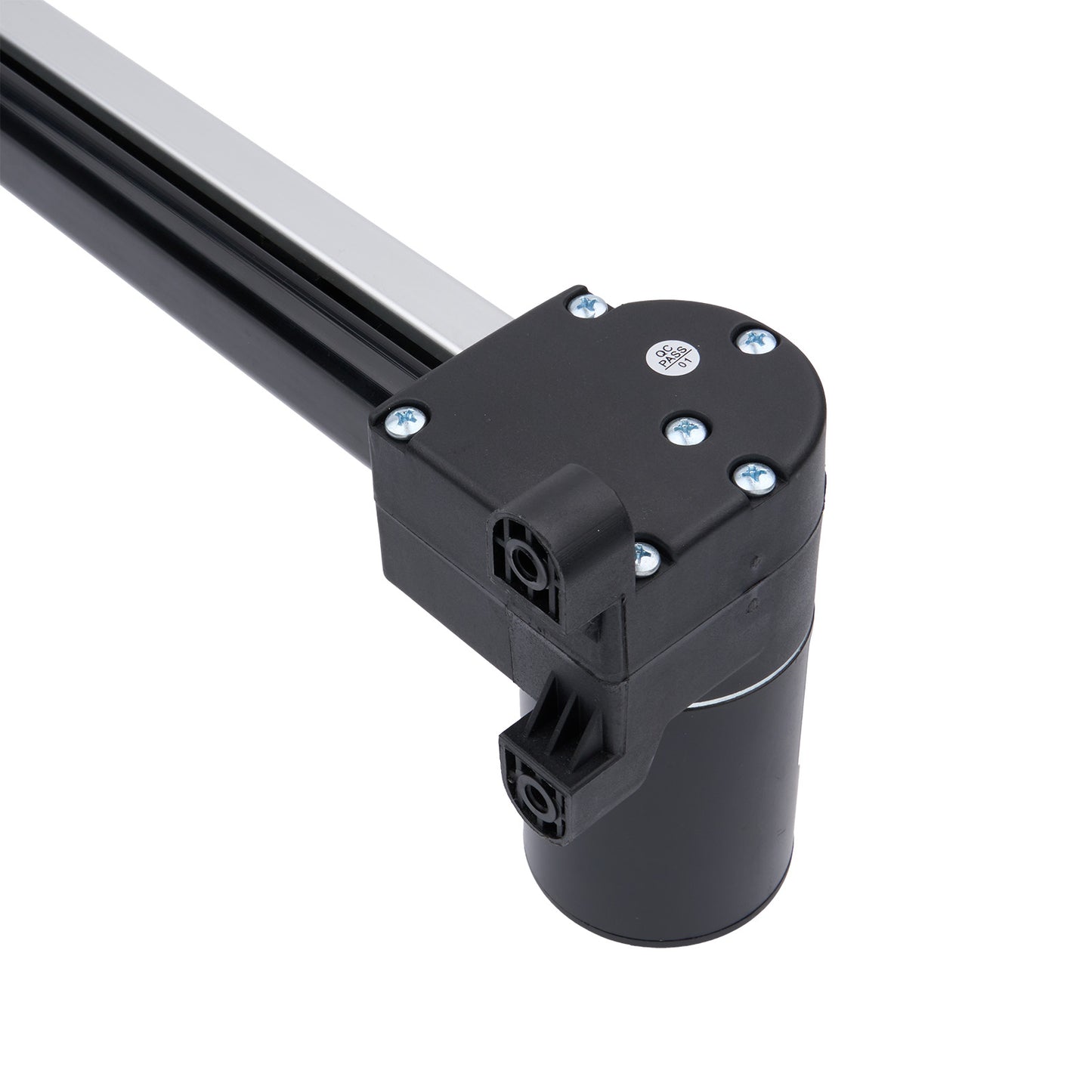 Black metal rod with cylindrical connector on a white background