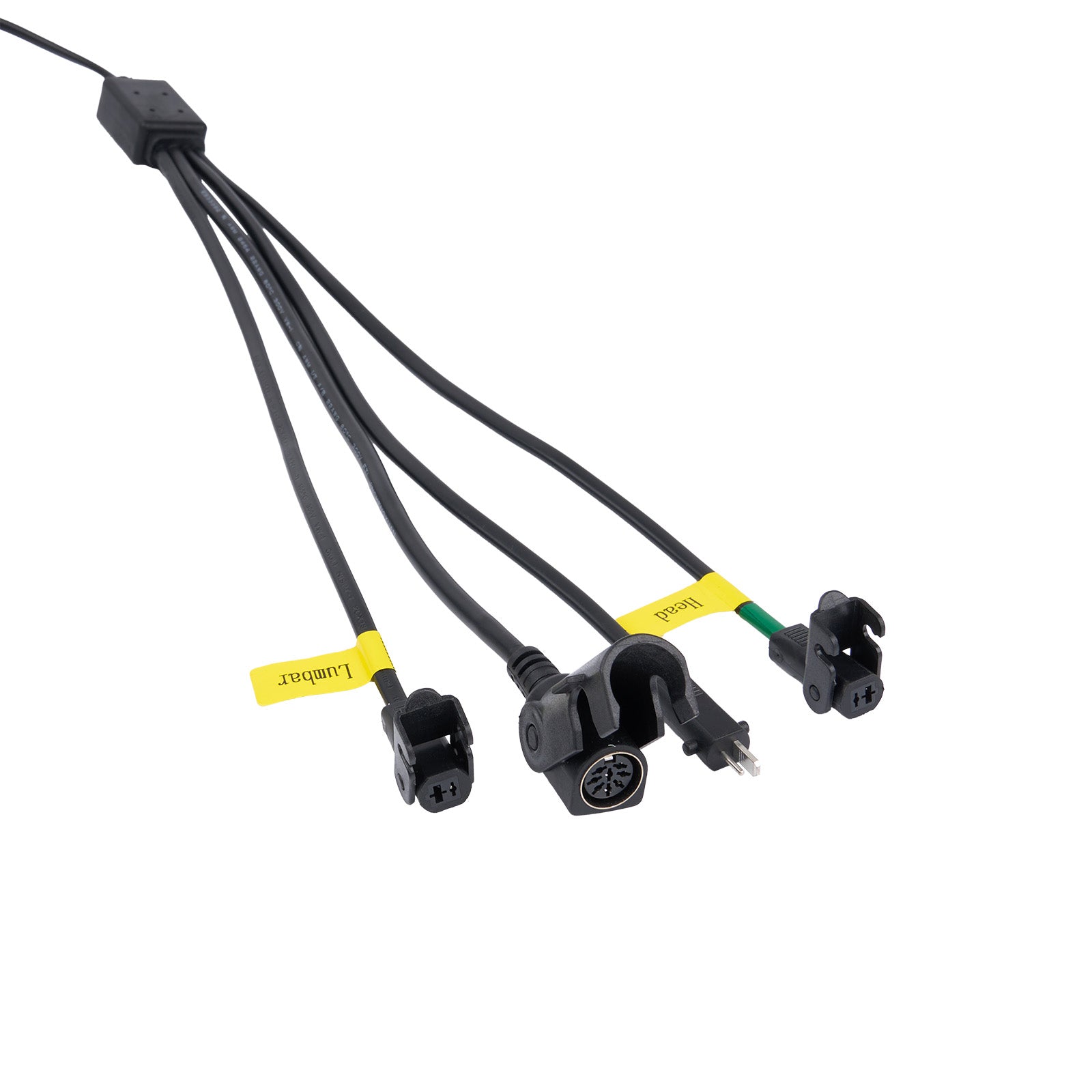 Set of black wiring harnesses with connectors on a white background