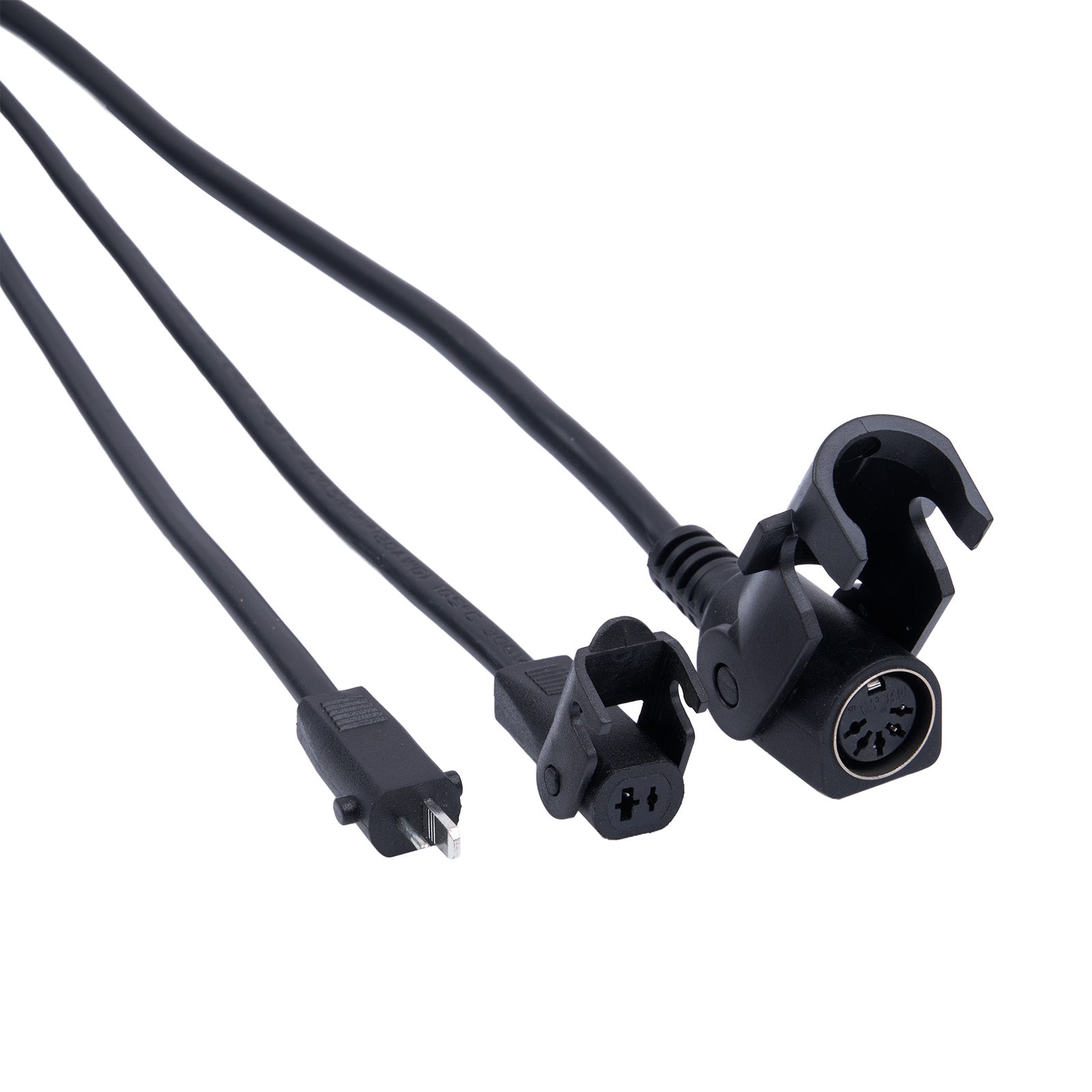 Black electrical cable with plug and connector on a white background