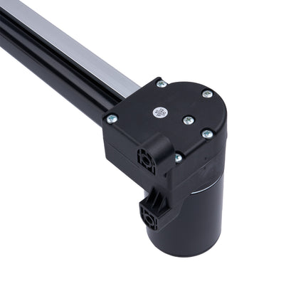Black metal rod support with cylindrical component on a white background