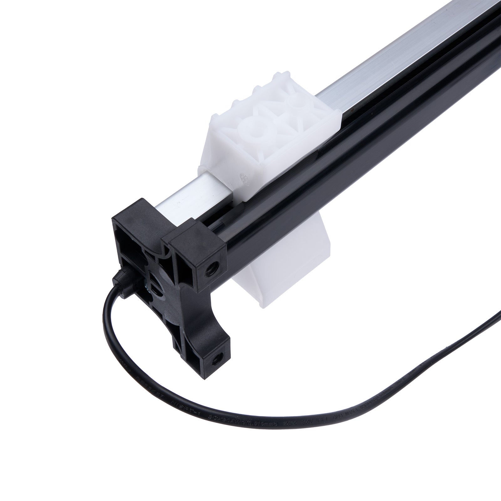 Close-up of a black and white electronic component on a white background