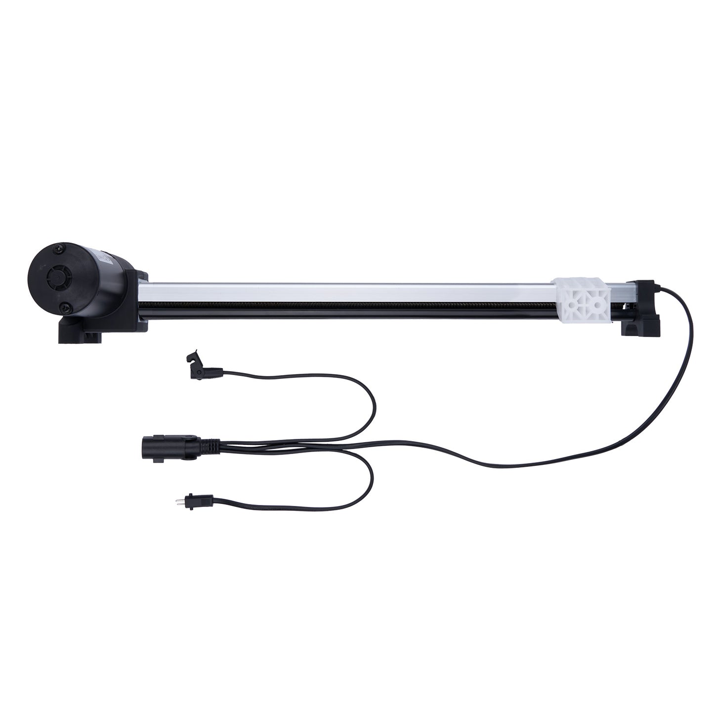 Aquarium light with black housing and cables on a white background