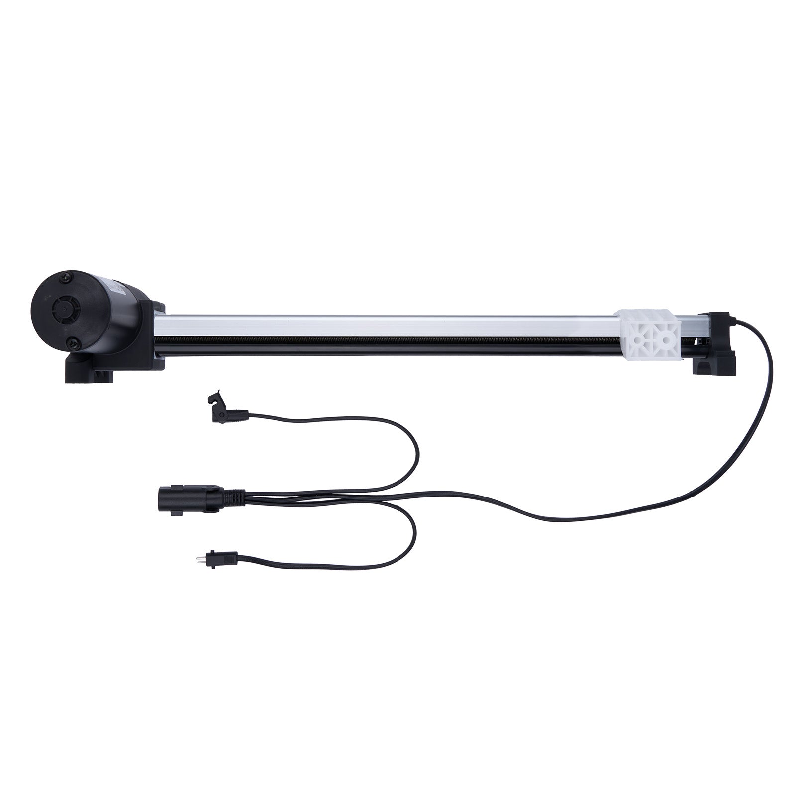 Aquarium light with black housing and cables on a white background