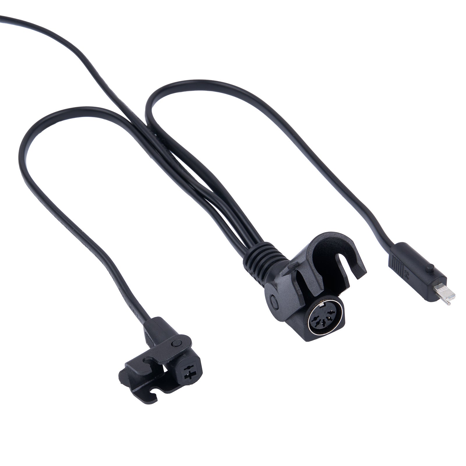 Black cable with connectors on a white background