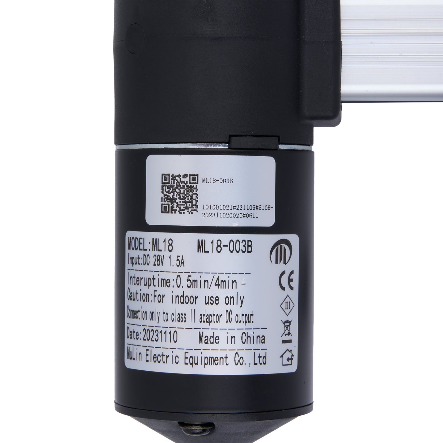 Black electronic device with label and QR code on a white background