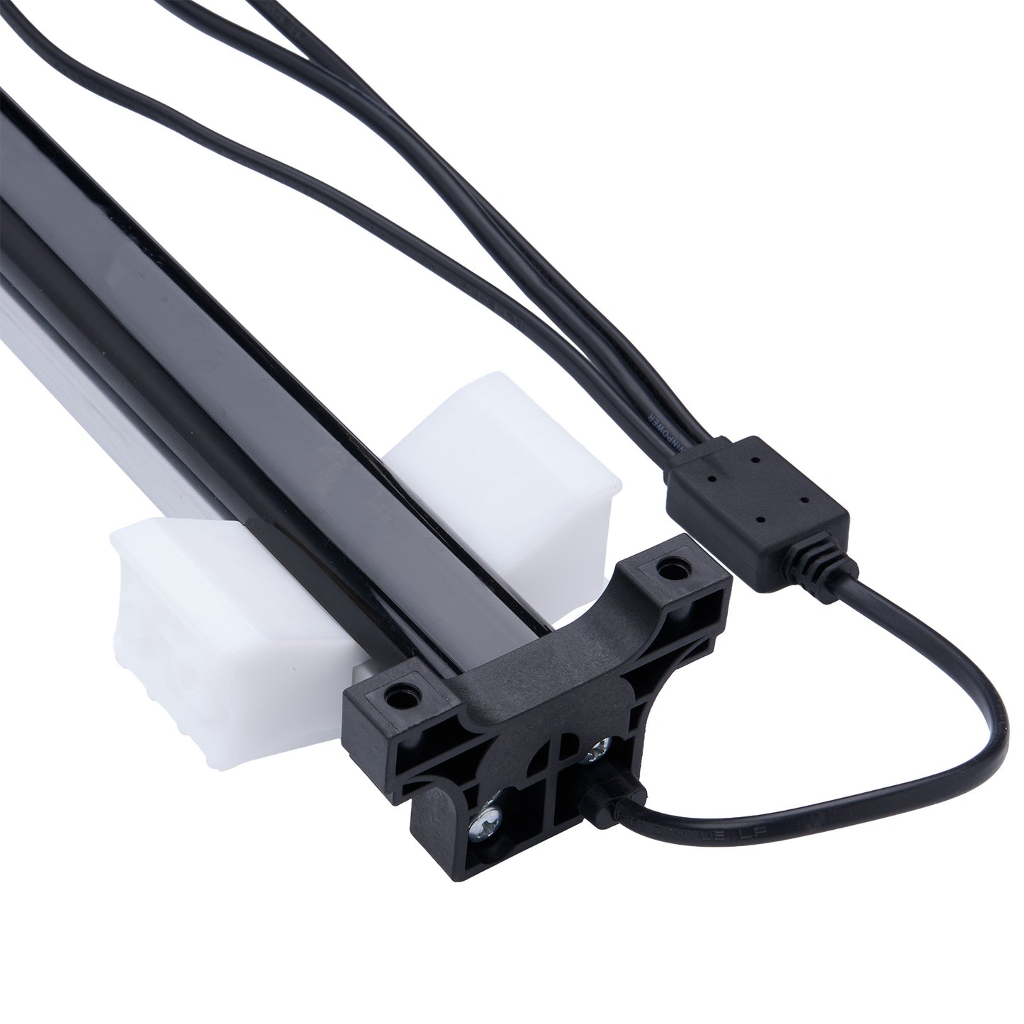 Close-up of a mechanical component with cables on a white background