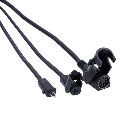 Black electrical cables with various connectors on a white background