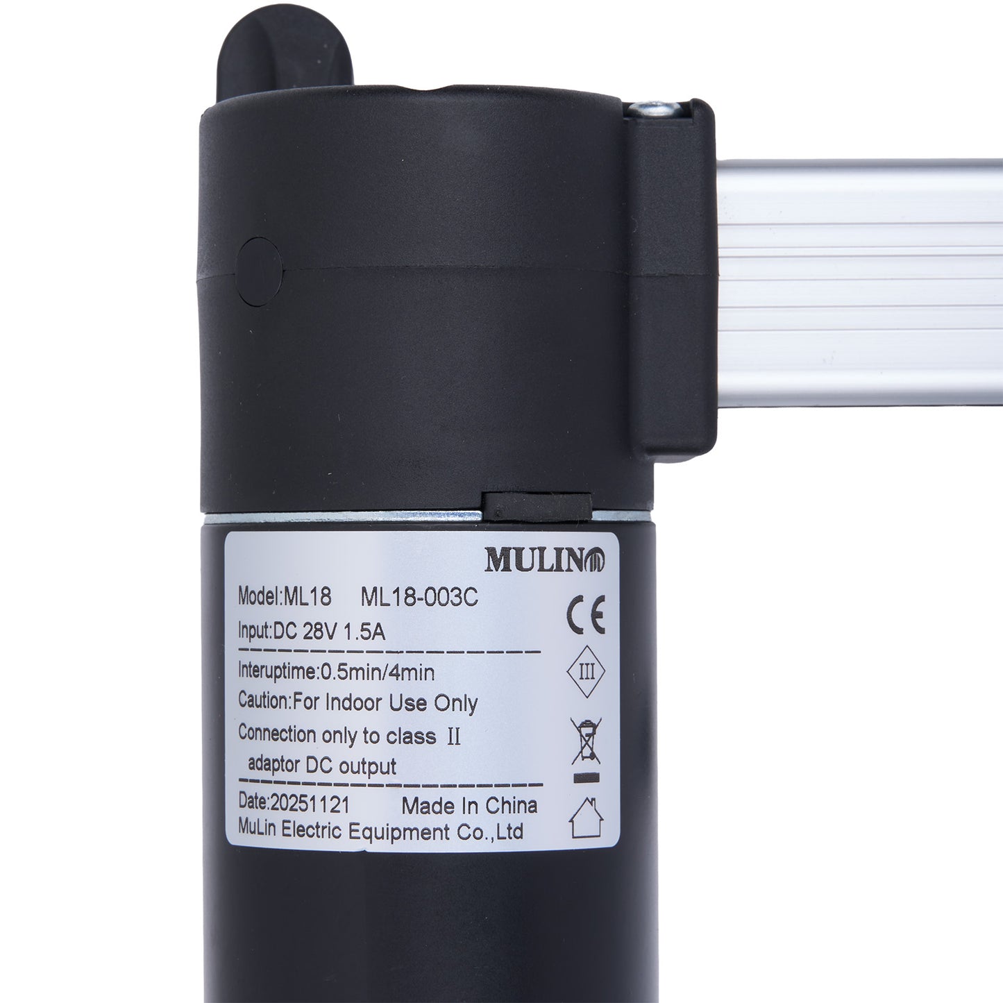 Black electric roller blind motor with Mulin branding and label on a white background