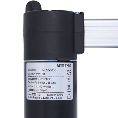 Black electric roller blind motor with Mulin branding and label on a white background