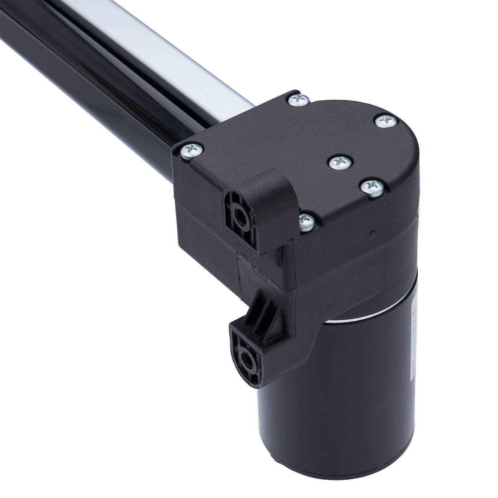 Black mechanical component with cylindrical design on a white background