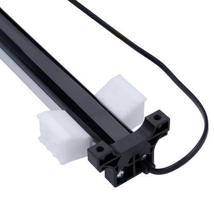 Mechanical component with black rod, white plastic blocks, and black cable on a white background