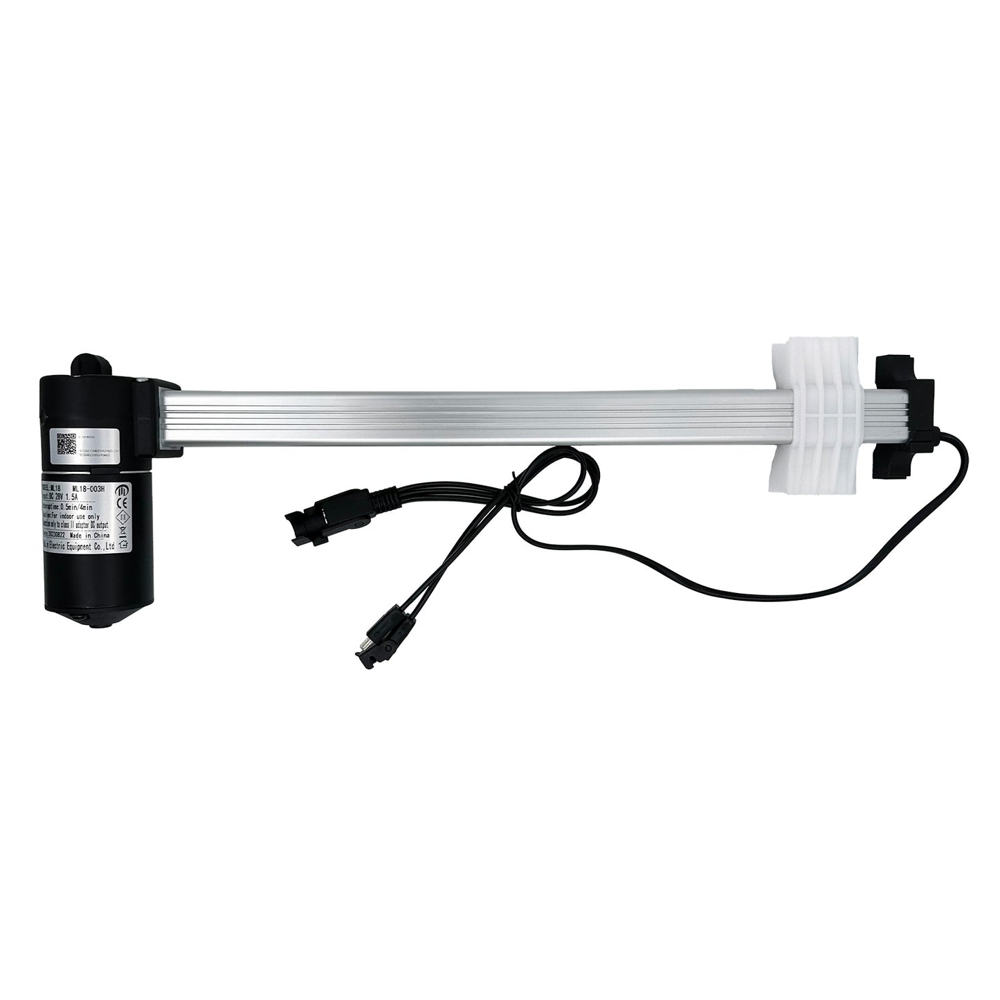 A MULIN ML18-003H linear actuator, with a black motor housing, silver metal shaft, and attached cables.