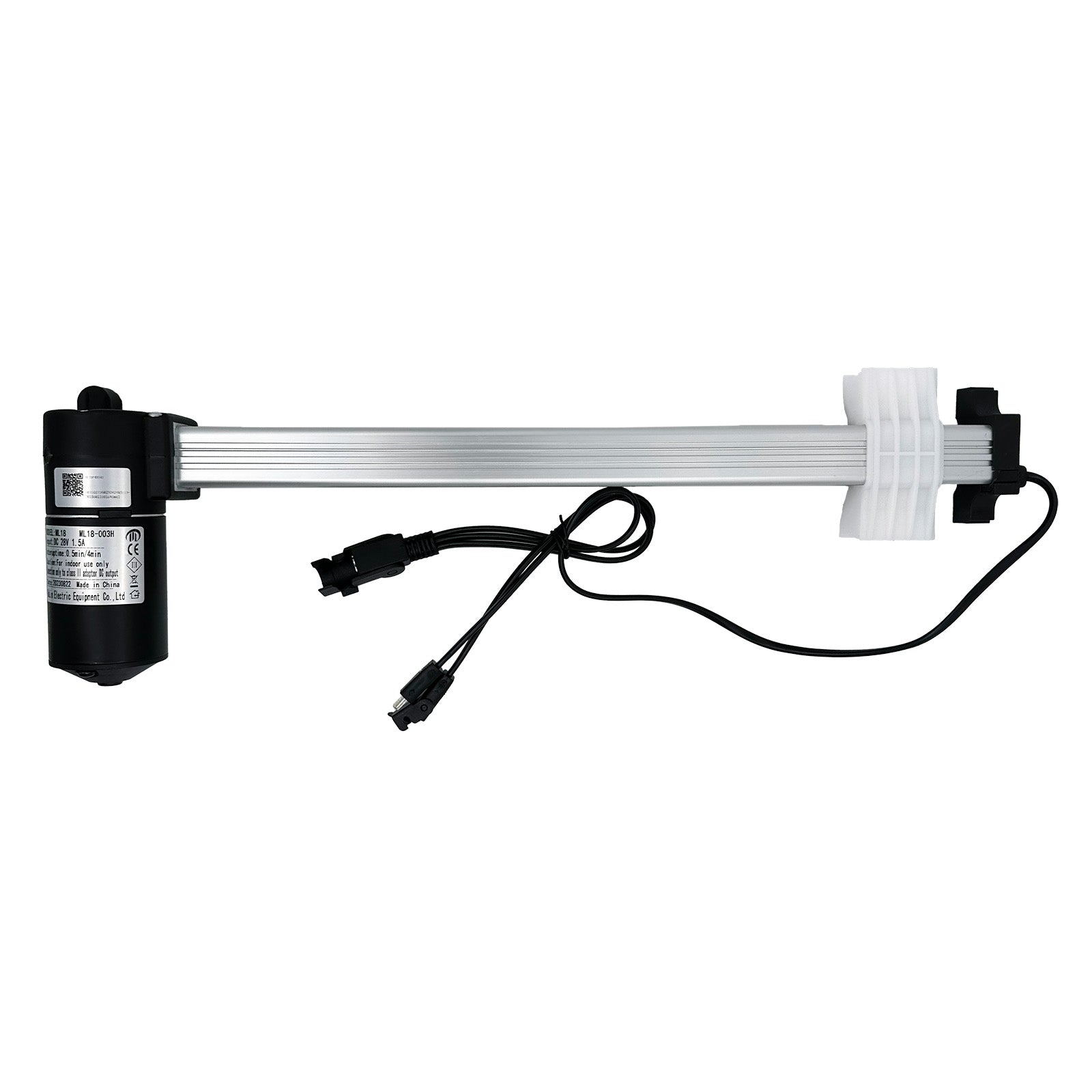 A MULIN ML18-003H linear actuator, with a black motor housing, silver metal shaft, and attached cables.
