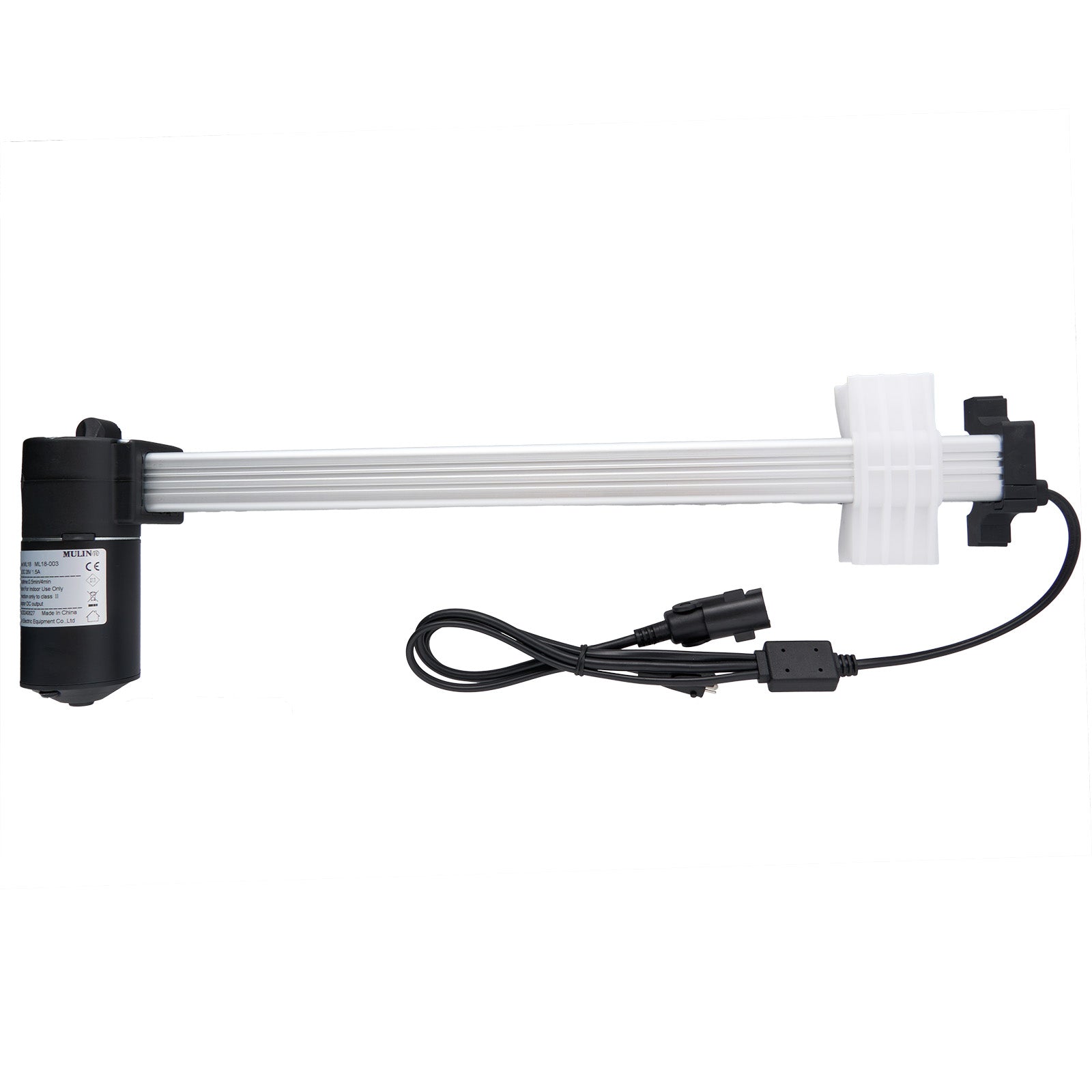 A black linear actuator with metal rods and multiple cables, designed for use in furniture like recliners or lift chairs.