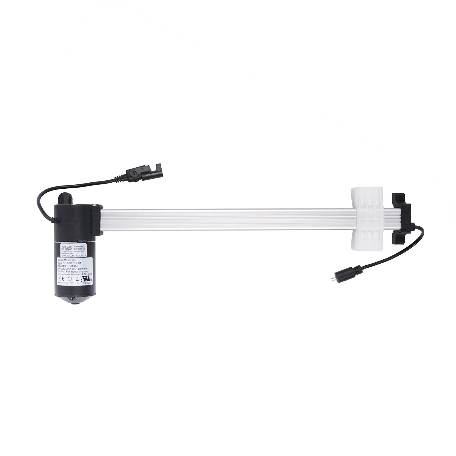 A MULIN ML18-005B linear actuator, typically used for recliner or lift chair mechanisms, showing the actuator body with attached cables and plugs.