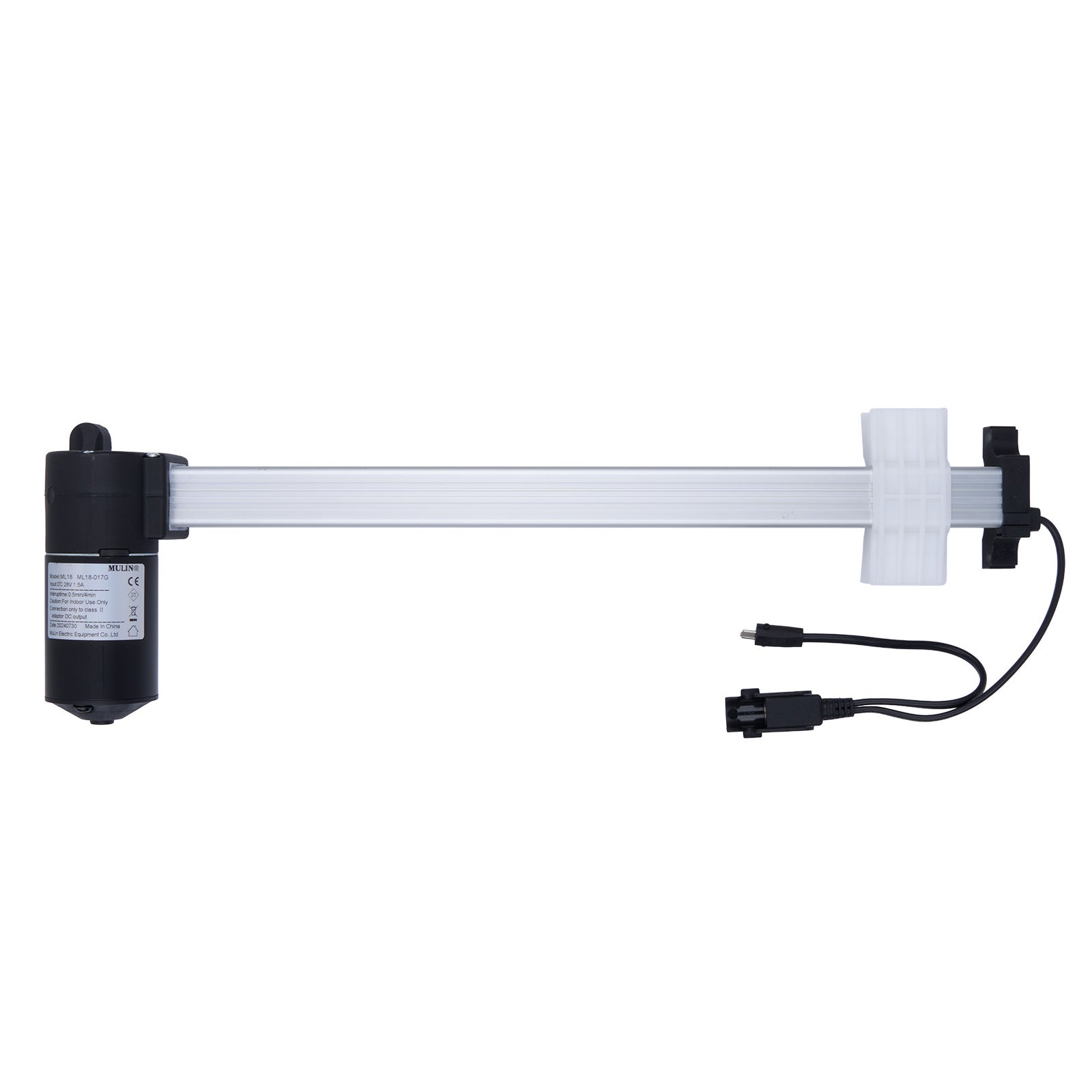 Mechanical arm with a cylindrical component and power cable on a white background