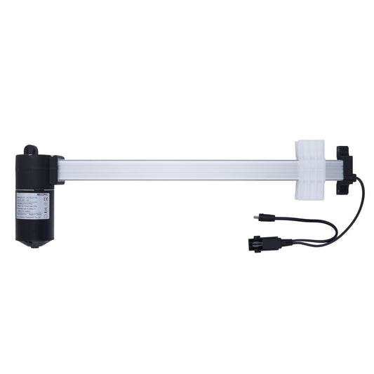 Mechanical arm with a cylindrical component and power cable on a white background