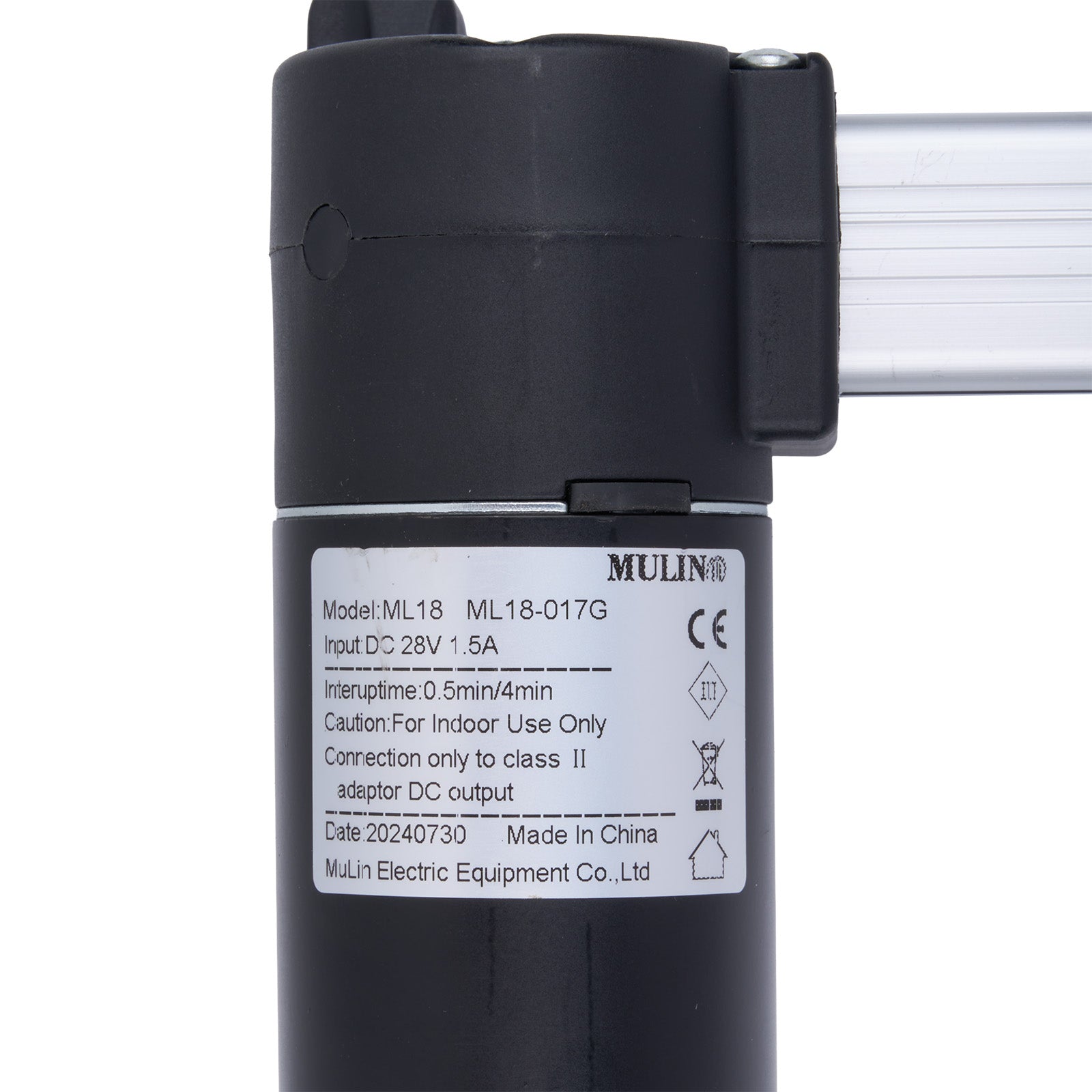 Black electronic component with label on a white background