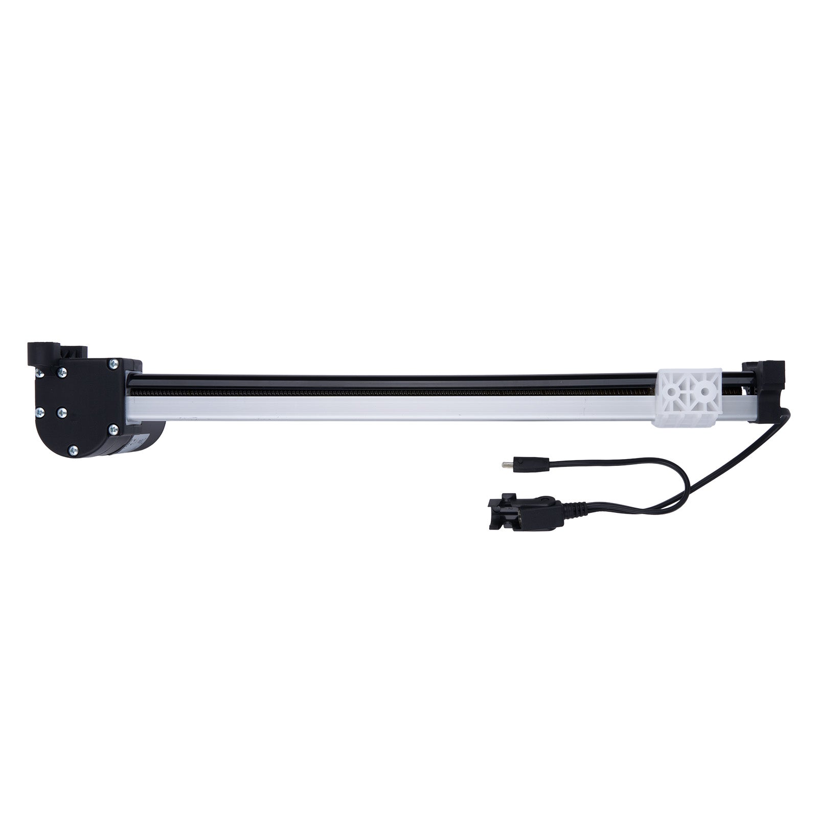 Long rectangular light fixture with power cable on a white background