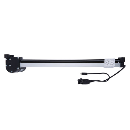 Long rectangular light fixture with power cable on a white background