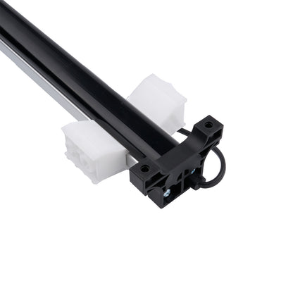 Black metal rod with white plastic components on a white background