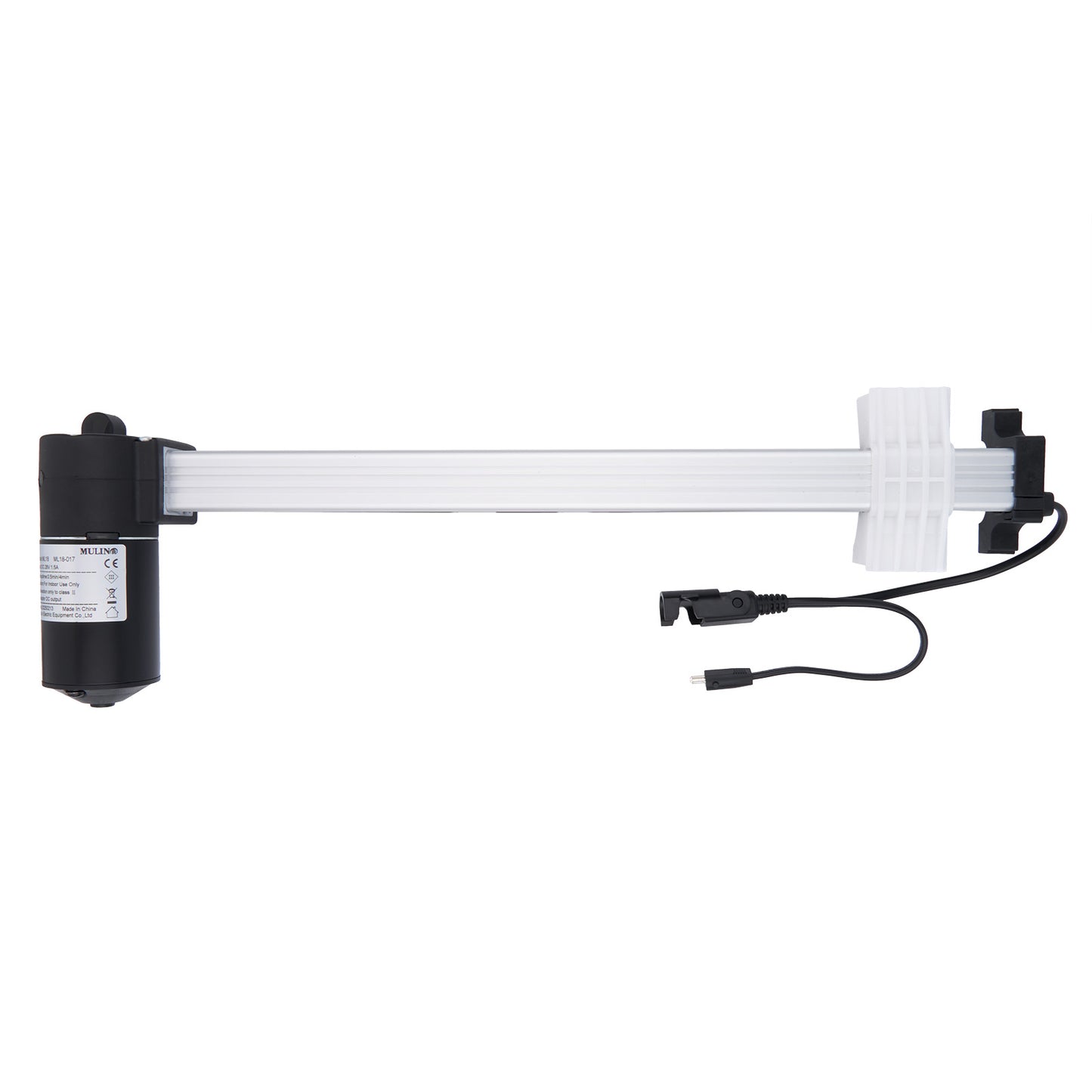 Mechanical arm with a cylindrical component and attached cable on a white background