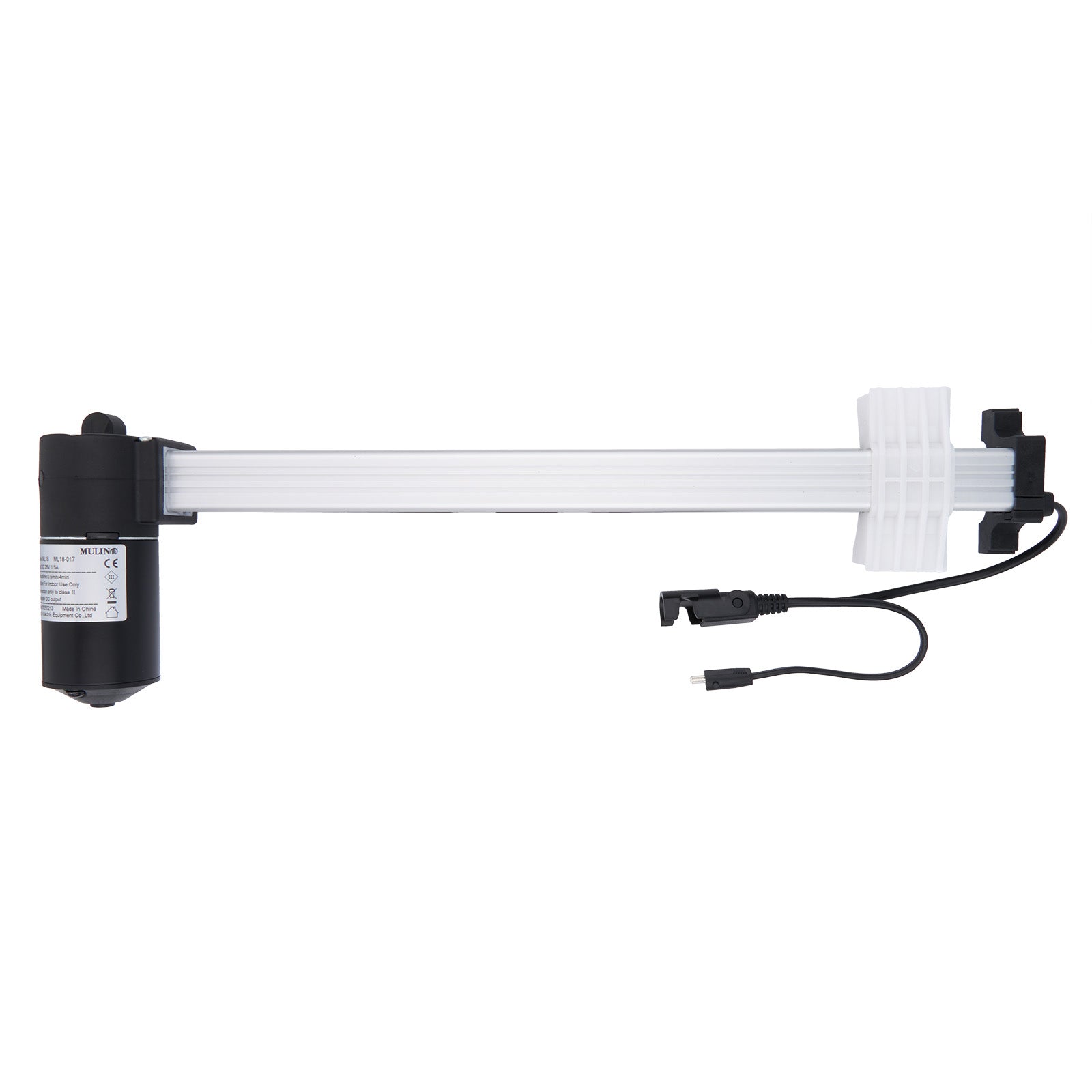 Mechanical arm with a cylindrical component and attached cable on a white background