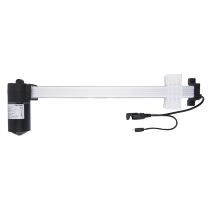 Mechanical arm with a cylindrical component and attached cable on a white background