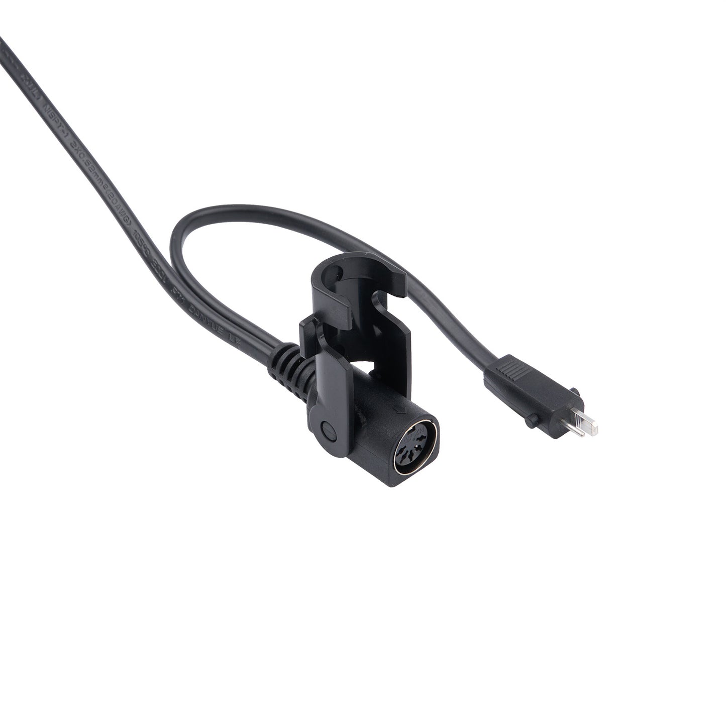 Black cable with connector on a white background