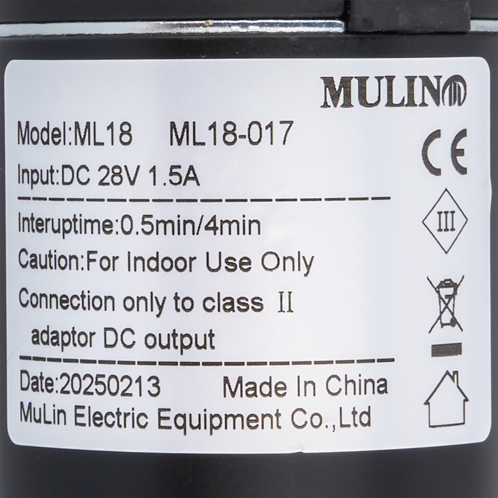 Label with technical specifications and branding on a product