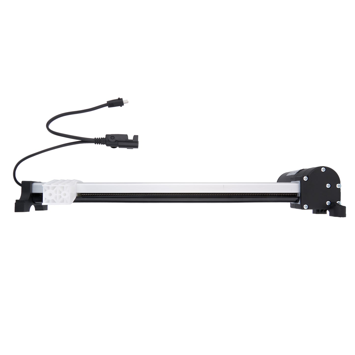 Black and white LED light bar with flexible cable on a white background