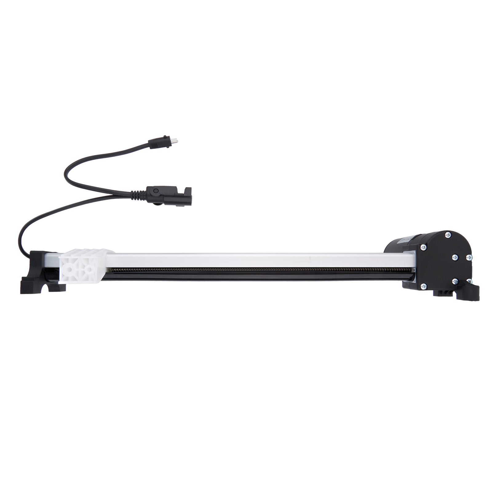Black and white LED light bar with flexible cable on a white background