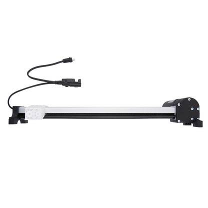 Black and white LED light bar with flexible cable on a white background