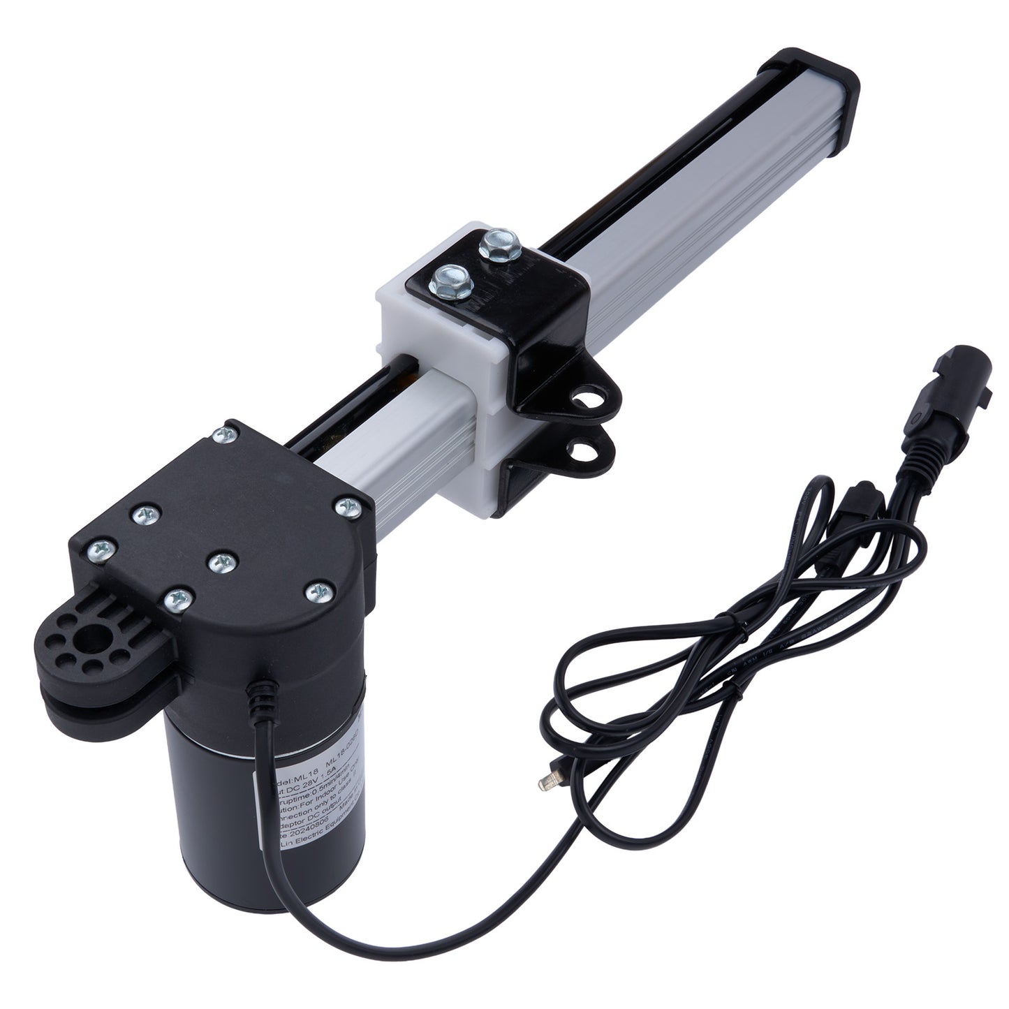 Mechanical actuator with a black motor and white linear guide on a white background