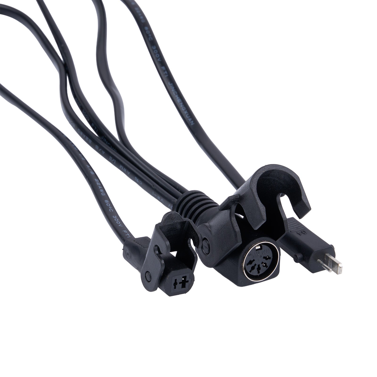 Black audio cable with connectors on a white background