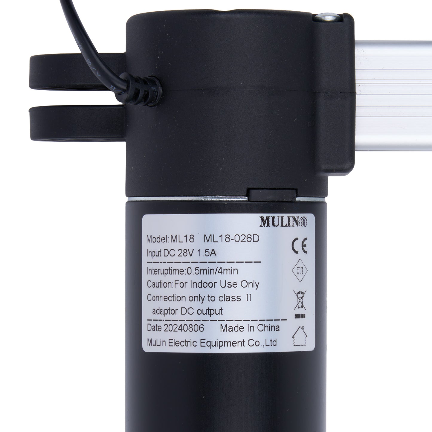 Black electric actuator with label on a white background