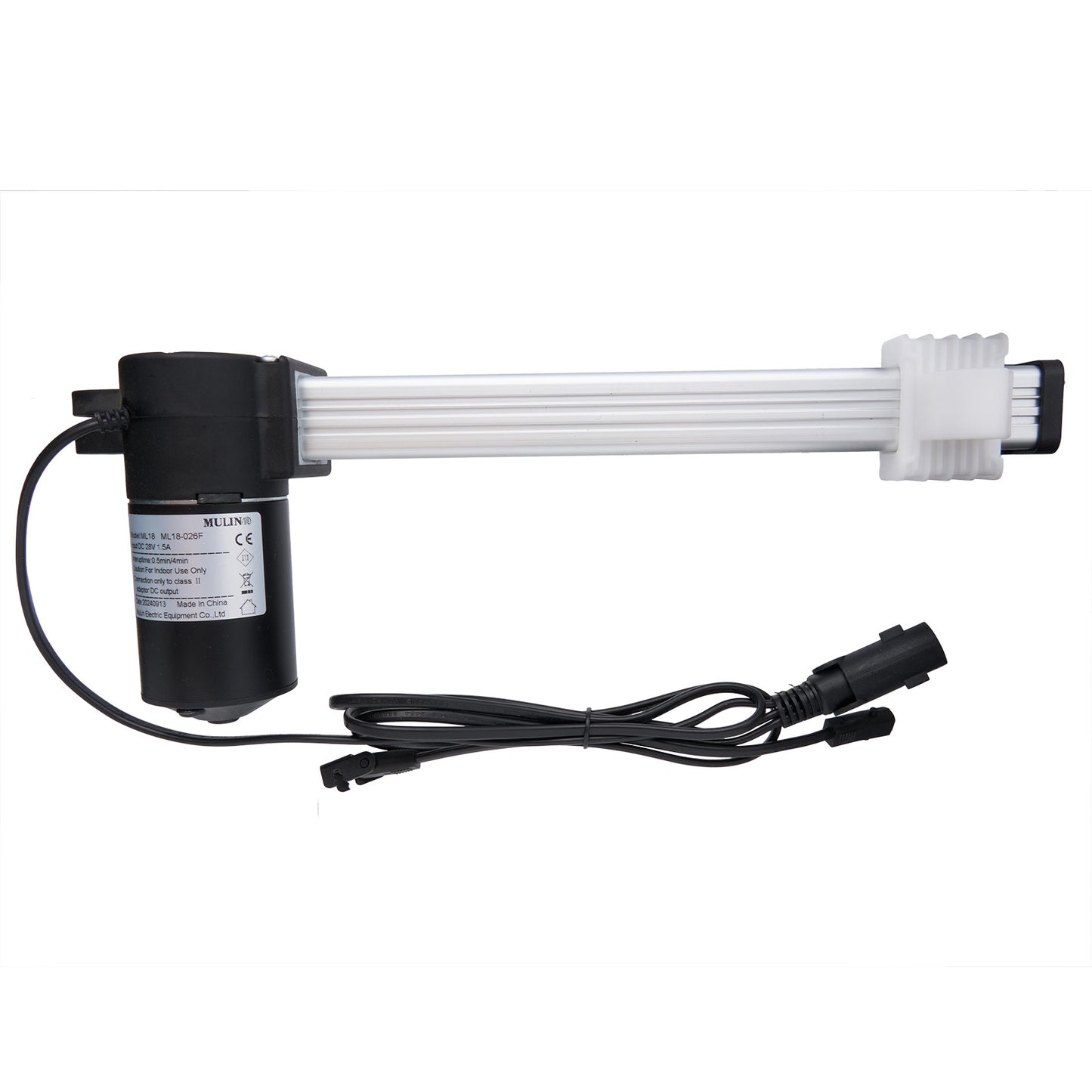 A black and white linear actuator with cables and plugs, designed for use in recliner or lift chair mechanisms.