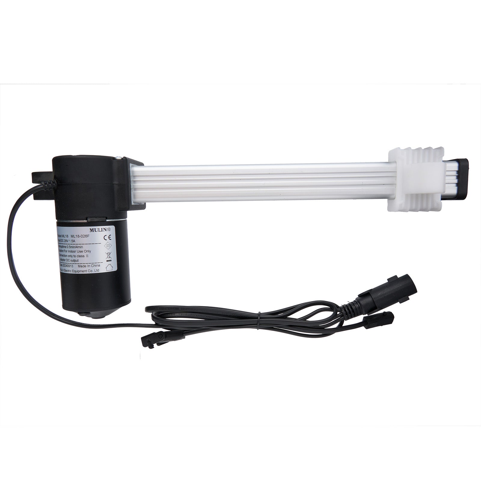 A black and white linear actuator with cables and plugs, designed for use in recliner or lift chair mechanisms.