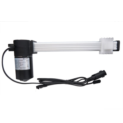 A black and white linear actuator with cables and plugs, designed for use in recliner or lift chair mechanisms.