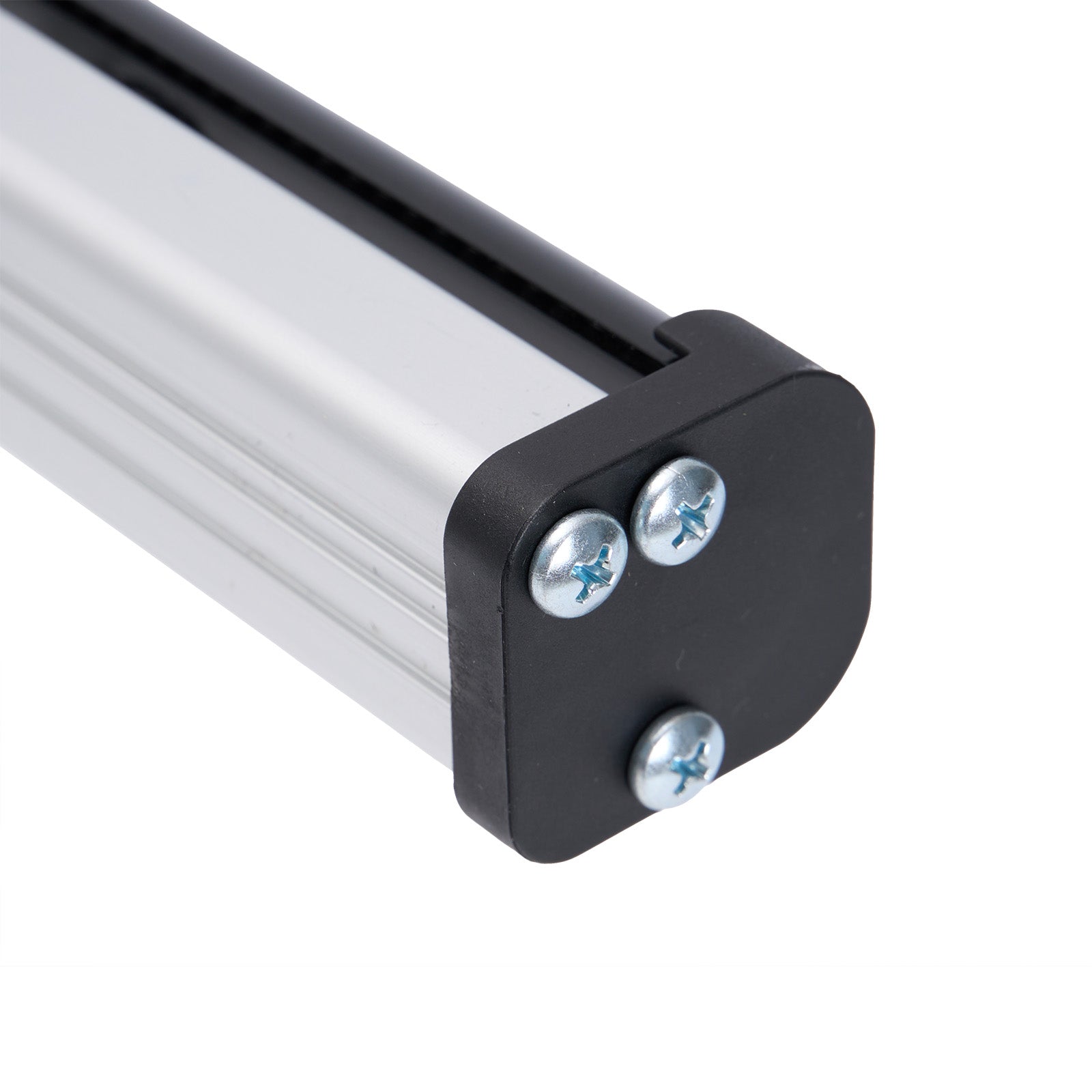 Close-up of a metal rod with black end cap and screws on a white background