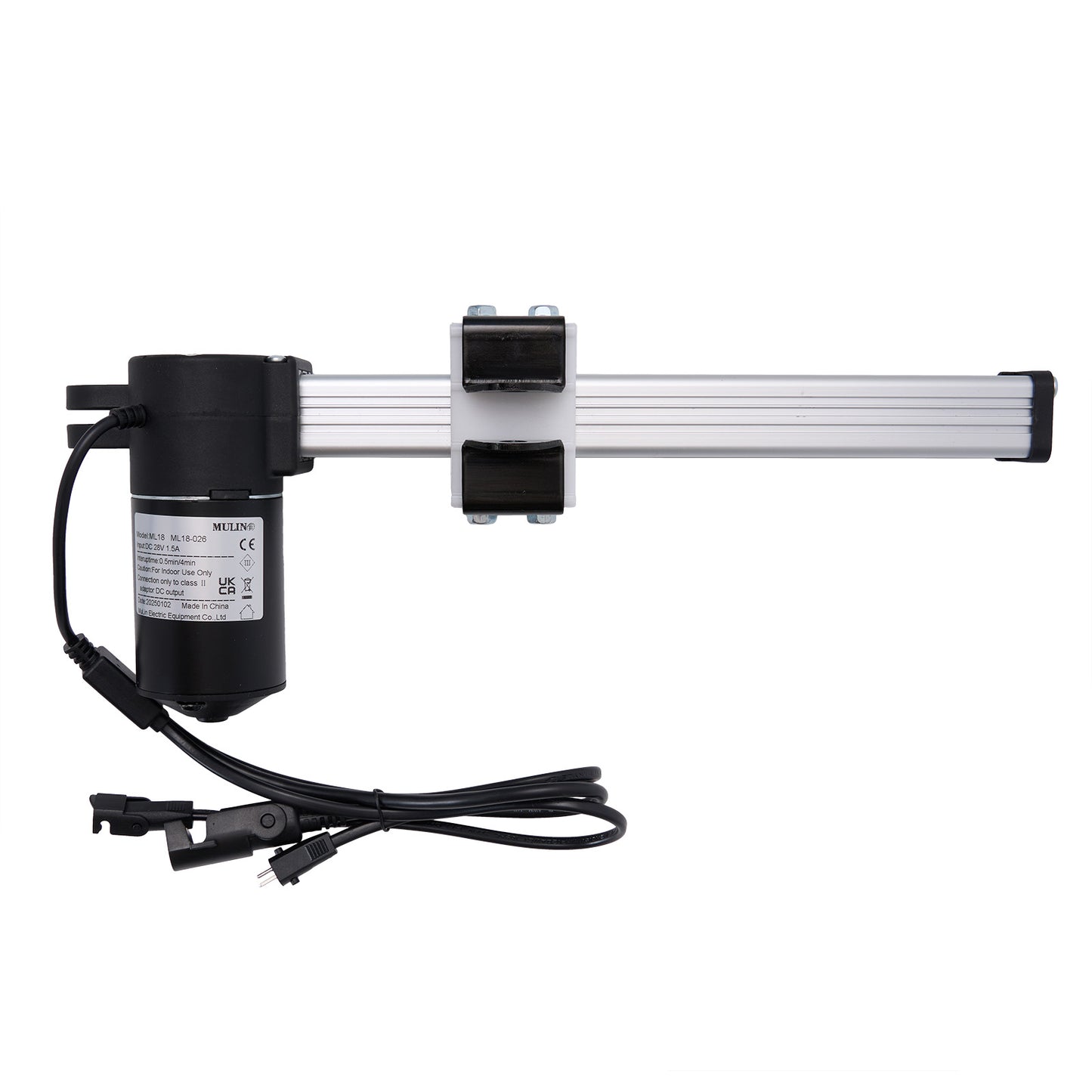 MULIN ML18-026 linear actuator for recliner or lift chair, featuring a black motor housing, silver actuating arm, and attached cables with plugs.